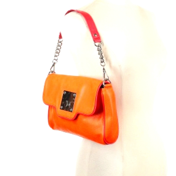 Kate Landry Handbags - Kate Landry Orange Pink Leather Shoulder Bag With Chain Strap